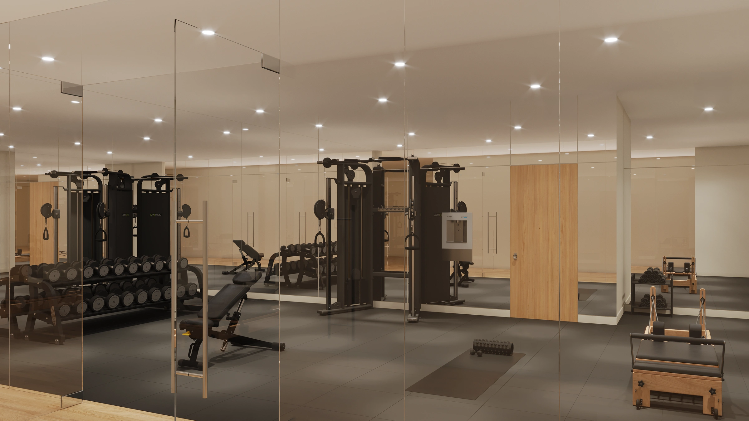 Wellness fitness and mirror gym space at 63 West